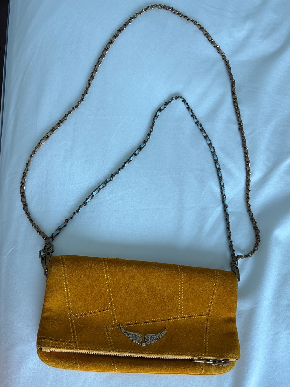 Mustard Yellow Suede Crossbody Bag with Chain Strap Zadig and Voltaire